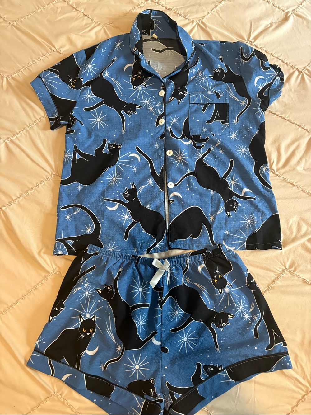 Blue Cat-Print Short Pajama Set - Women's Lounge Sleepwear